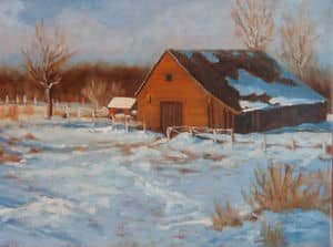Oil painting by Ellen Lorne — Barn in Snow