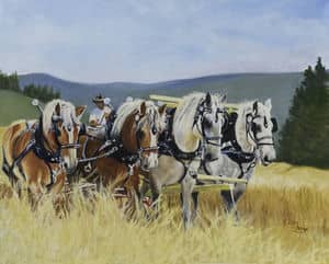 Oil painting by Ellen Lorne — Two Belgians and Two Percherons