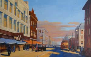 Oil painting by Ellen Lorne — Early Calgary Shadows
