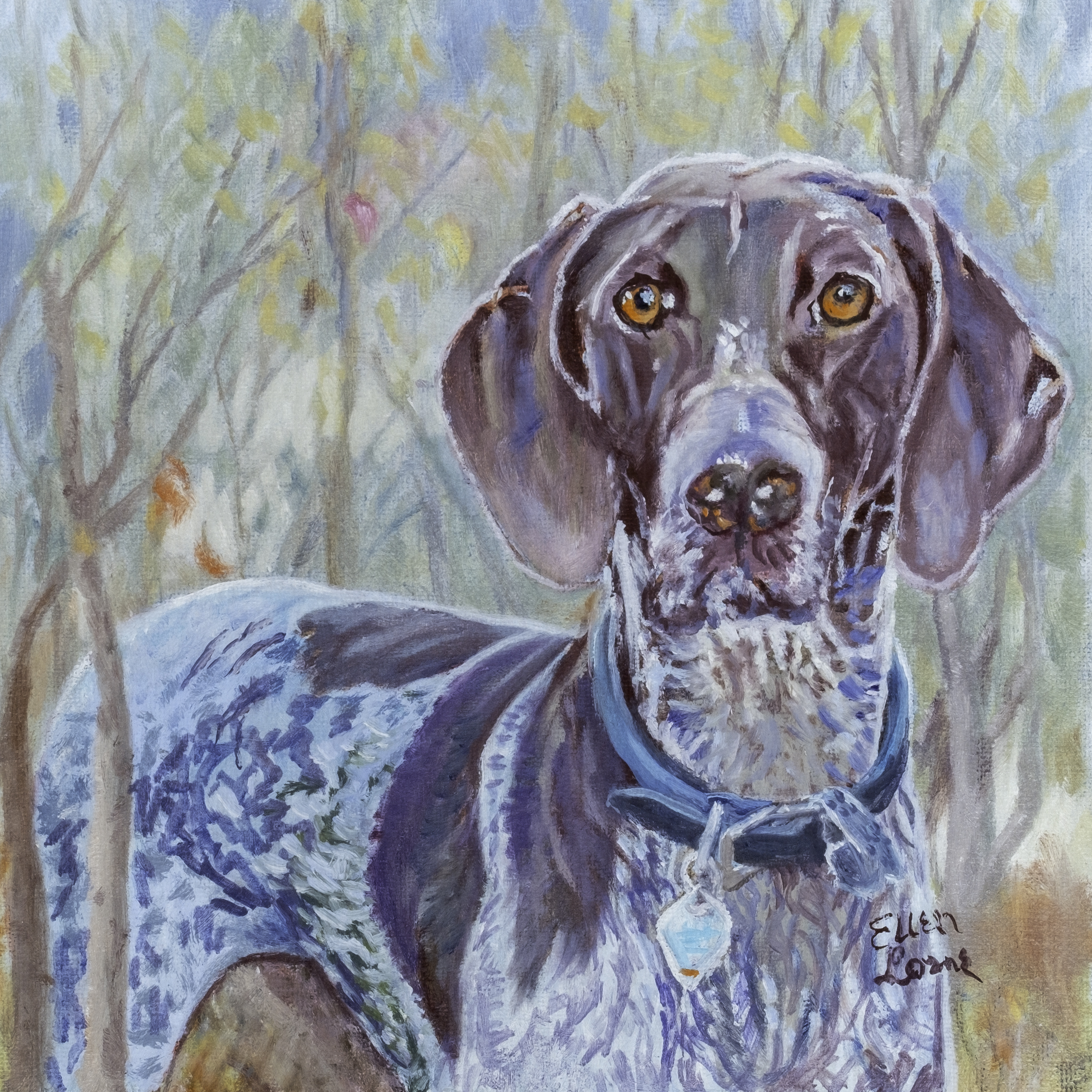 Oil painting by Ellen Lorne — Alley Abby, a dog in an alleyway
