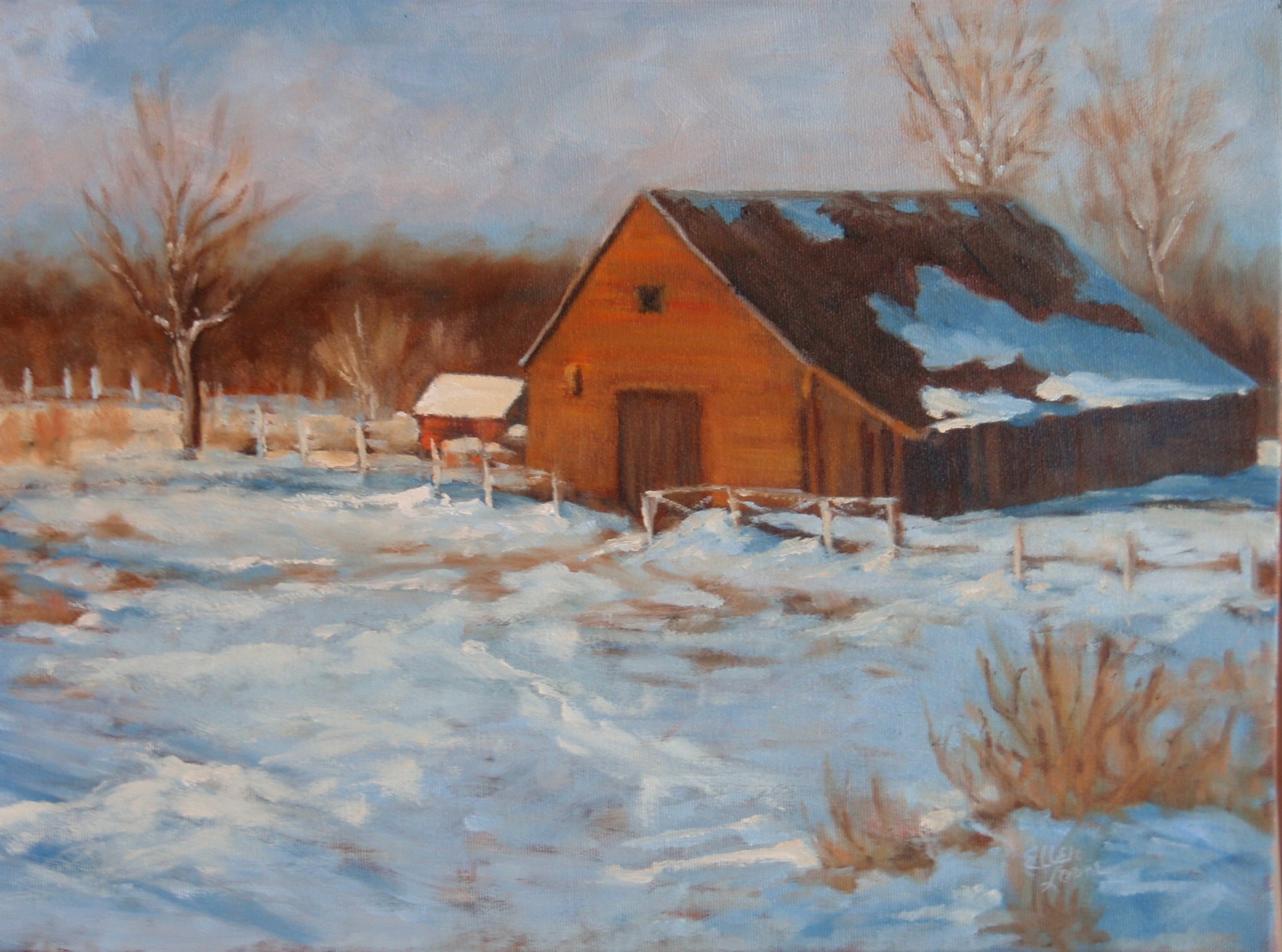 Oil painting by Ellen Lorne — Barn in Snow