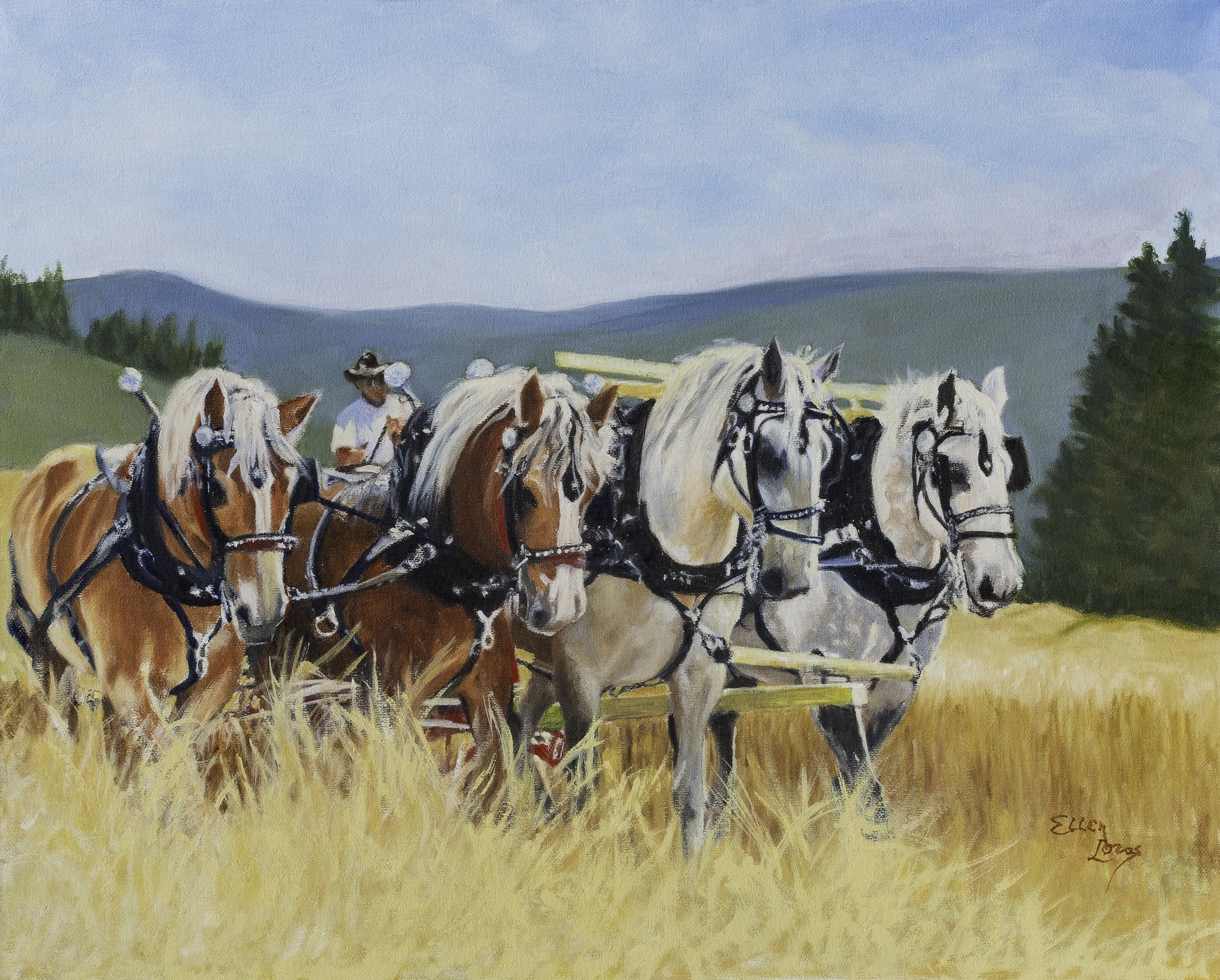 Oil painting by Ellen Lorne — Two Belgians and Two Percherons