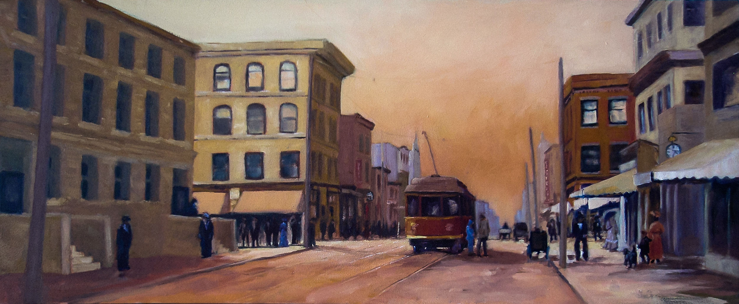 Oil painting of Calgary's 8th Avenue in the early 1920s, storefronts and pedestrians under a winter sky