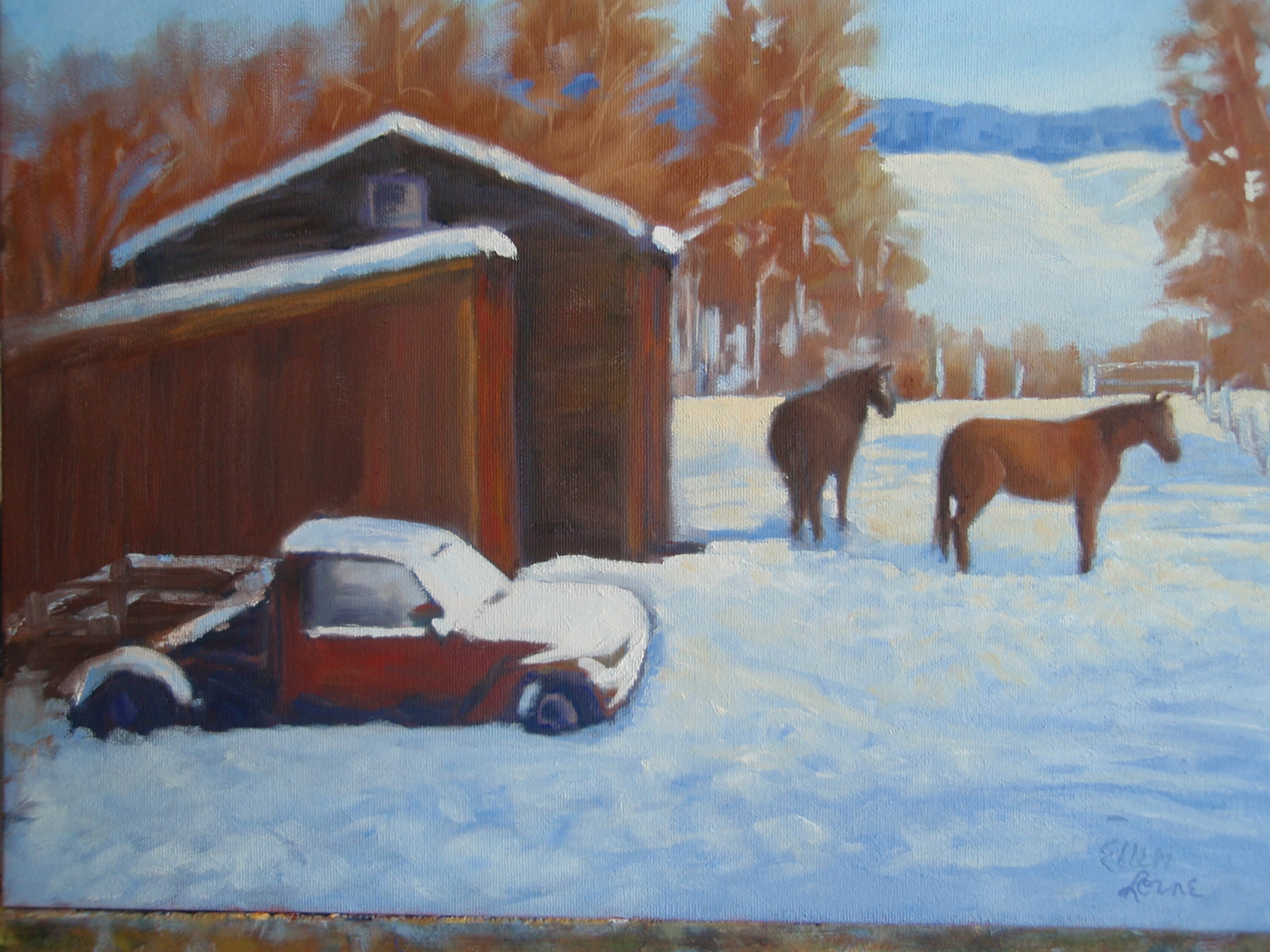 Oil painting by Ellen Lorne — Horses in Winter
