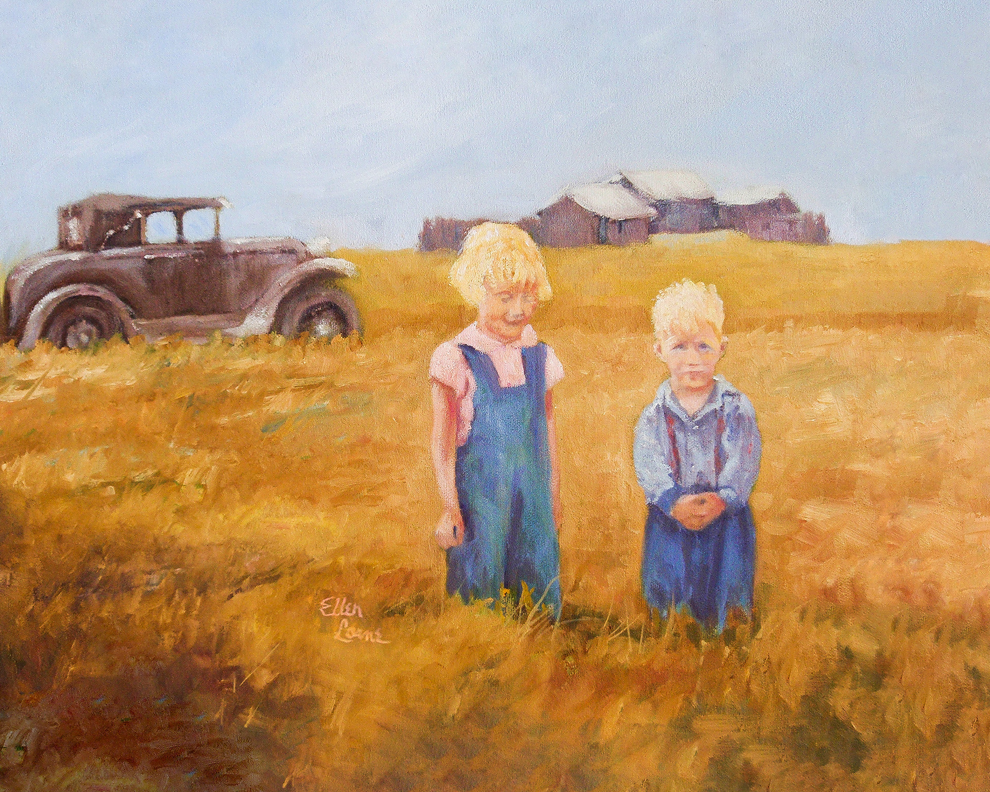 Oil painting of two siblings together, a warm family memory portrait