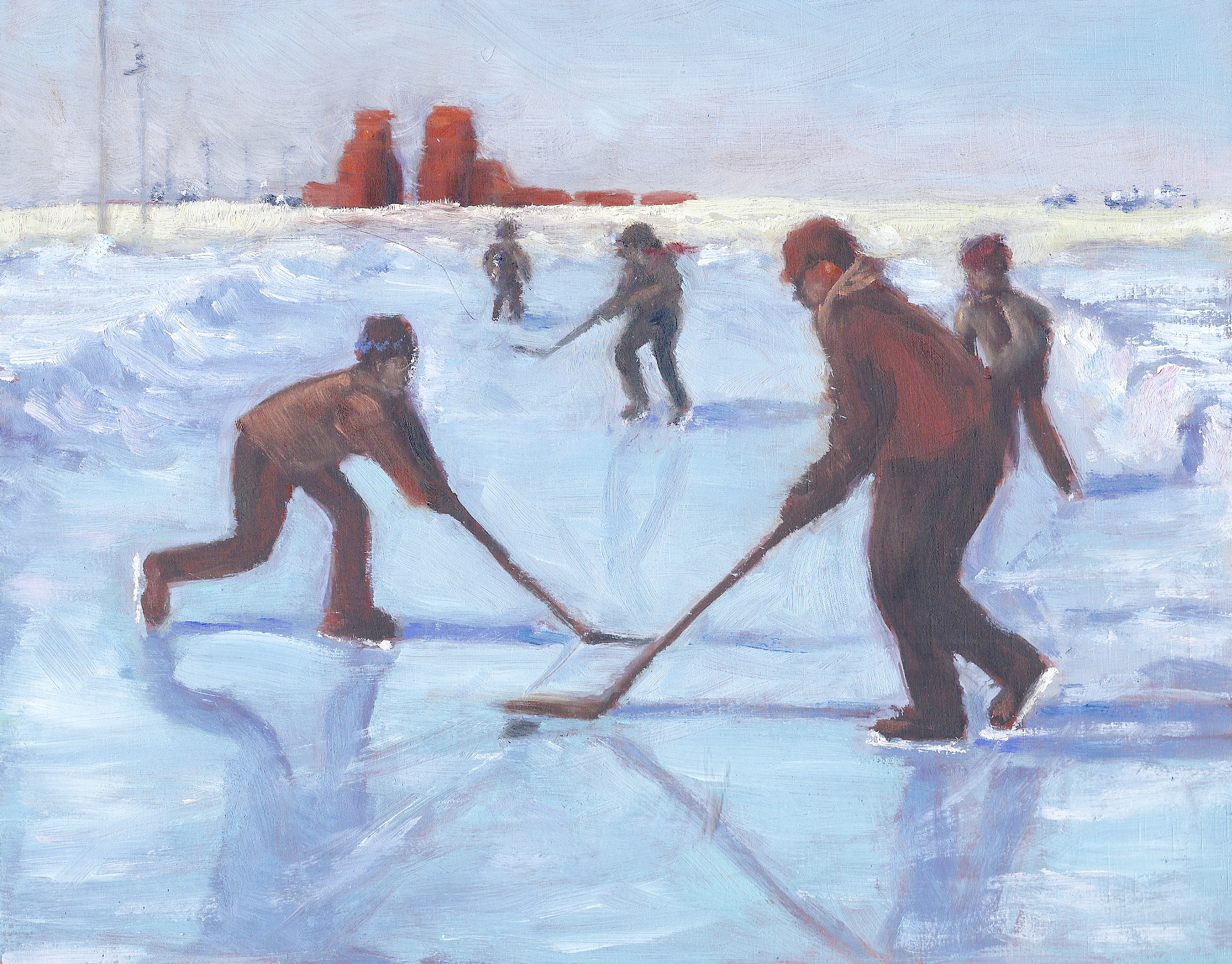 Oil painting by Ellen Lorne — Pond Hockey — Alberta